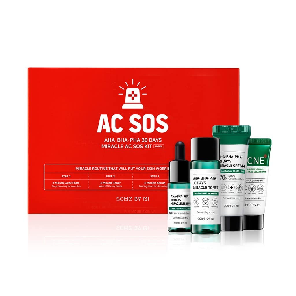 AHA-BHA-PHA 30 Days miracle AC SOS Kit With Miracle Acne Foam – 30ml, Miracle Toner – 30ml, Miracle Serum – 10ml, Miracle Cream – 20g | Some By Mi my-k.ro/ imagine noua